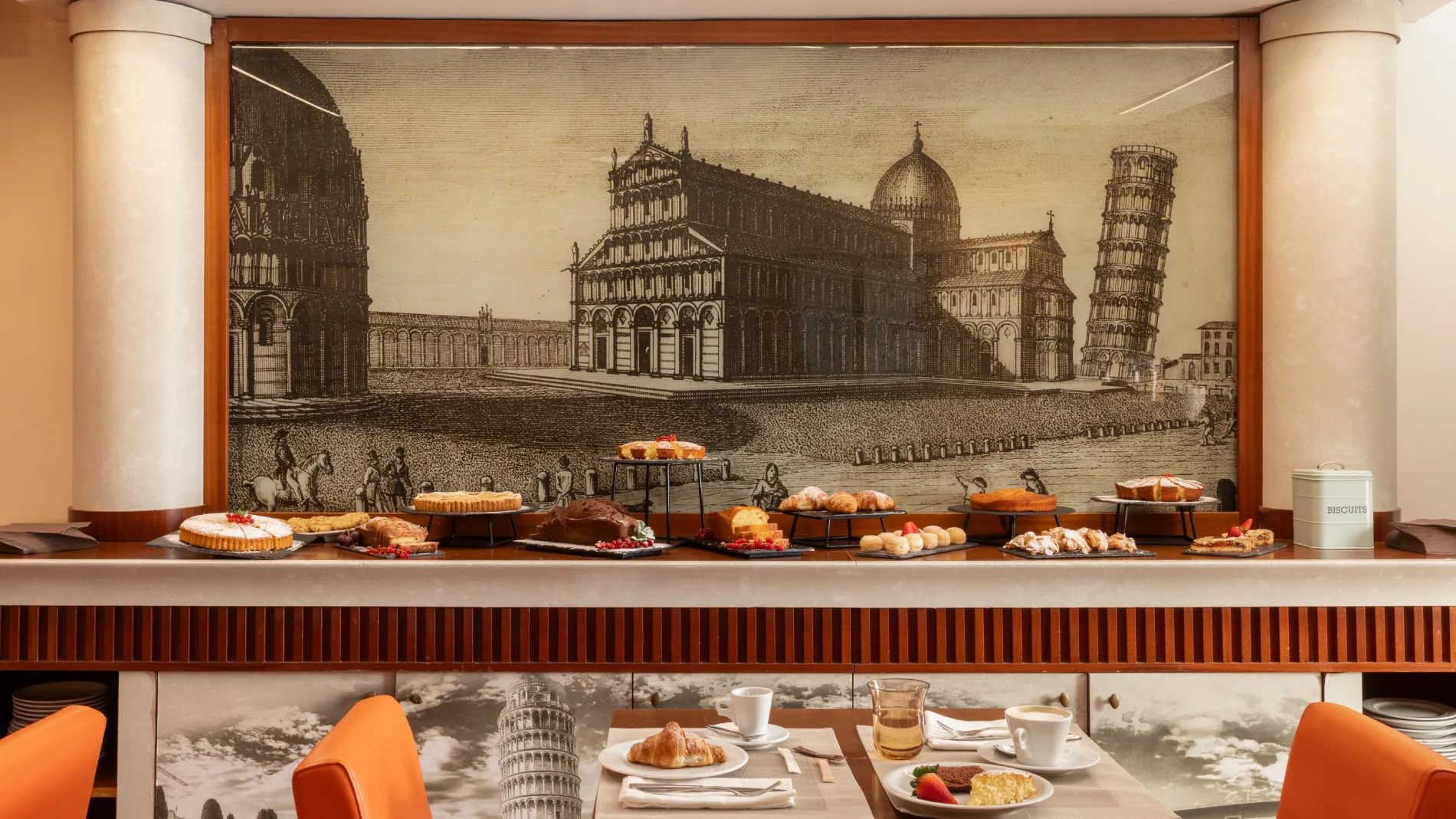 Breakfast buffet with fresh pastries and local specialties with Pisa Tower view, authentic experience - Hotel La Pace, BZAR hotels in Pisa